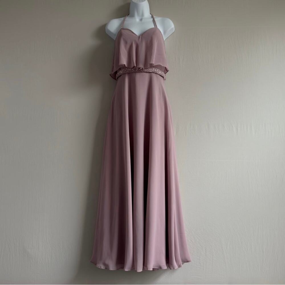 MORILEE Madeline Gardner Long Blush Pink Beaded Halter Dress Size 4